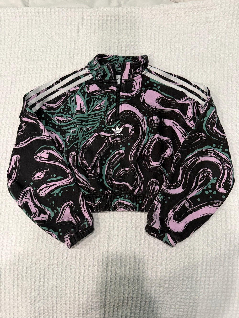 Adidas All Over Print Cropped Mock Neck Half Zip Pullover